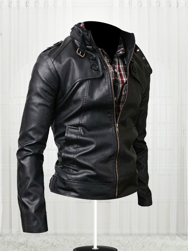 Classic Black Button Pocket Leather Jacket