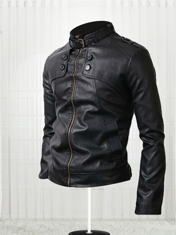 Classic Black Button Pocket Leather Jacket