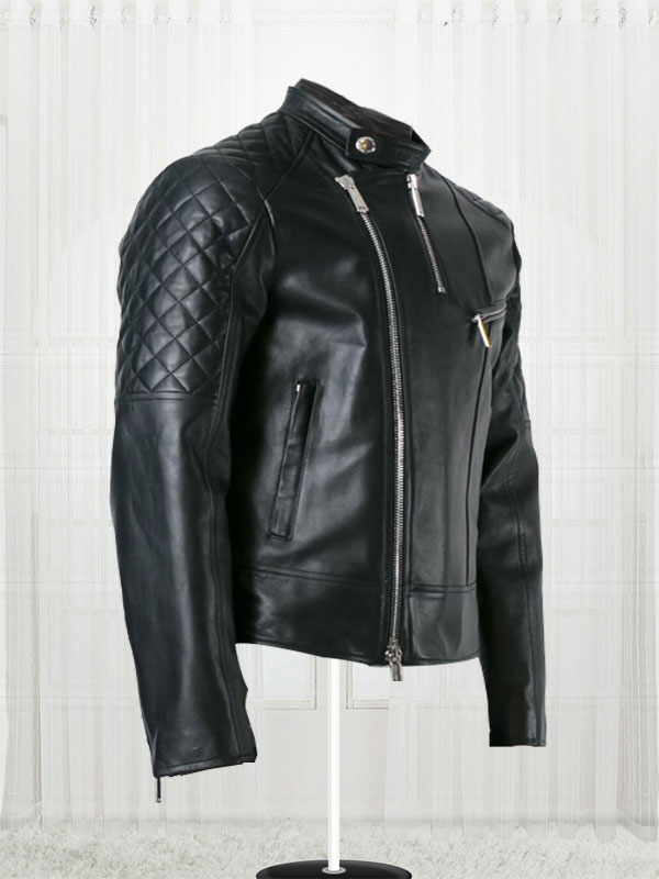 Quilt Sleeved Stylish Black Leather Jacket