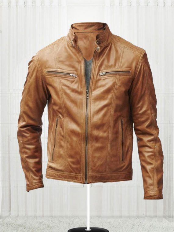 Men S Tan Leather Slim Fit Bikers Jacket