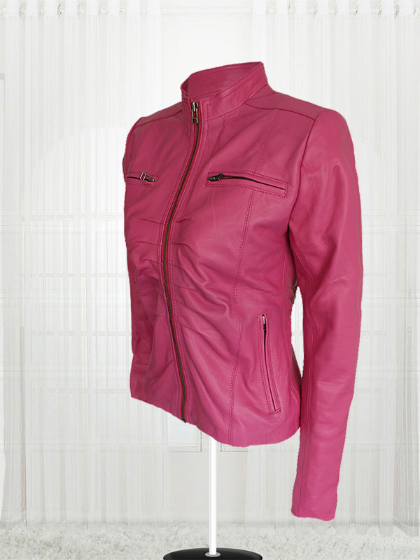 Women Pink Color 4 Pockets Leather Jacket