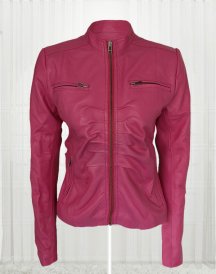 Women Pink Color 4 Pockets Leather Jacket