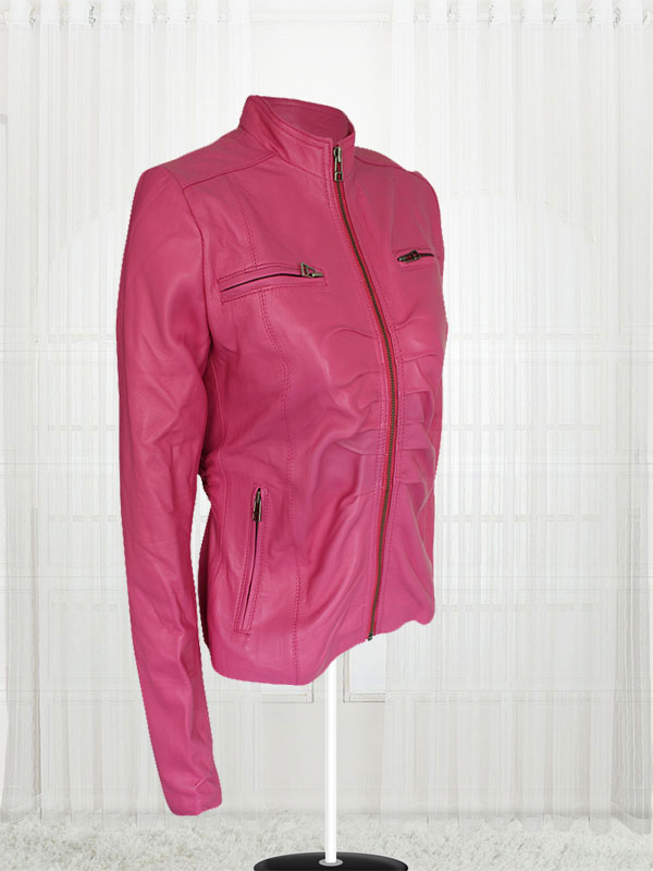 Women Pink Color 4 Pockets Leather Jacket