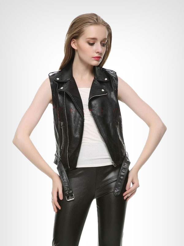 Ladies Motorcycle Black Leather Vest - Stars Jackets
