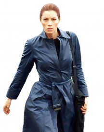 A Team Jessica Biel Navy Blue Long Leather Coat