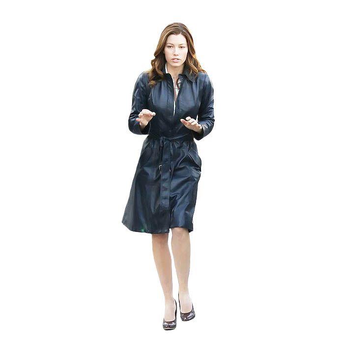 A Team Jessica Biel Navy Blue Long Leather Coat