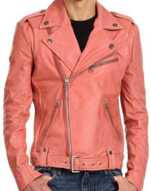 Double Breasted Studded Peach Slimfit Belted Biker Jacket