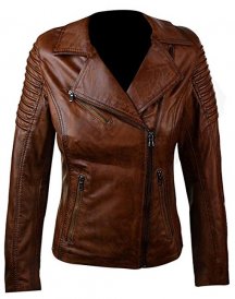 New Woman's Slim & Fit Brown Genuine Real Leather Biker Jacket
