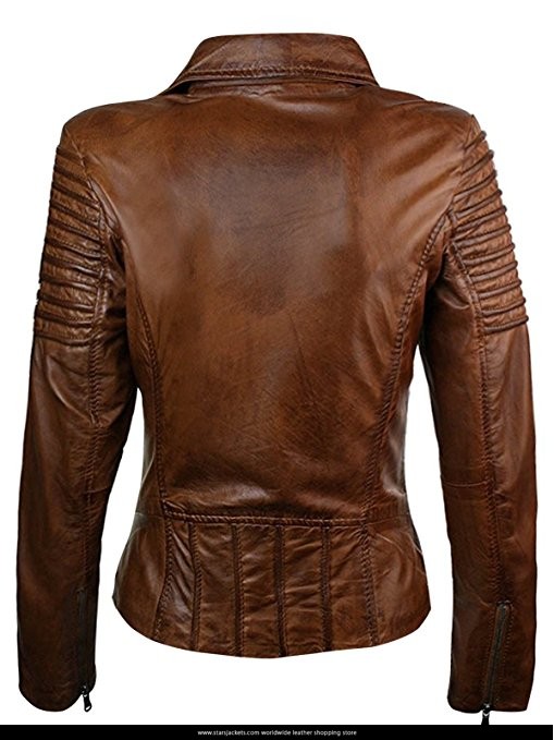 New Woman's Slim & Fit Brown Genuine Real Leather Biker Jacket