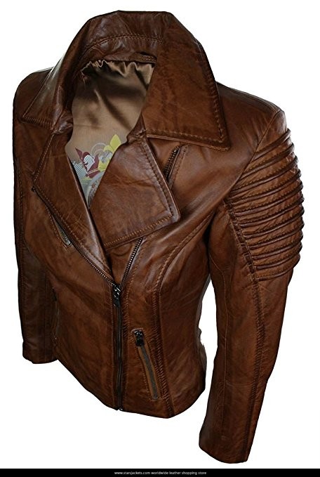 New Woman's Slim & Fit Brown Genuine Real Leather Biker Jacket