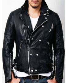 Men's Black Double Breasted Stud Detailing Biker Jacket