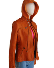 Women’s Removable Hooded Brown Leather Jacket