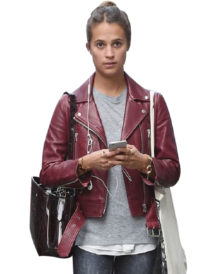 Alicia Vikander Stylish Brown Leather jacket