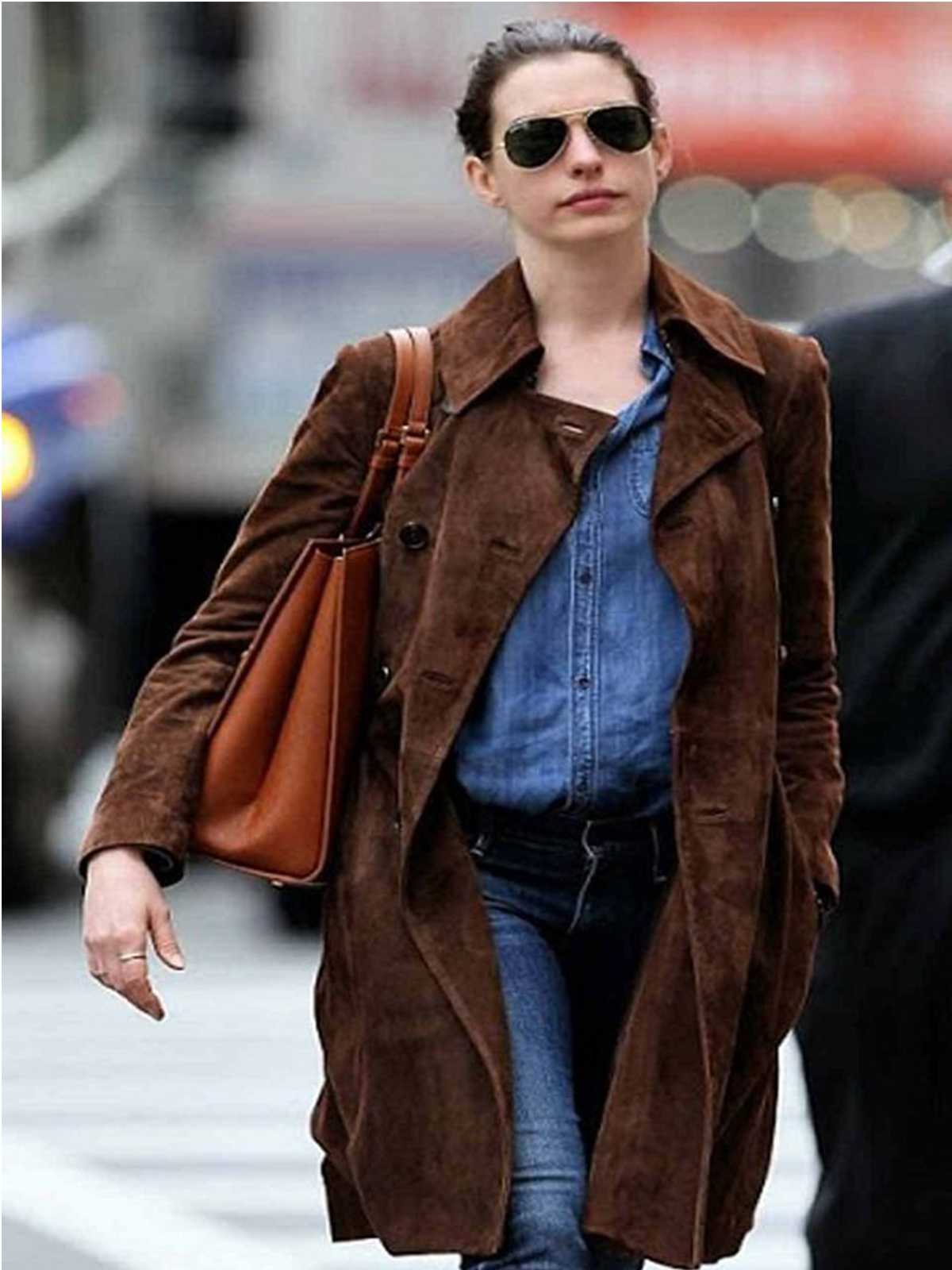 Anne Hathaway Suede Leather Coat