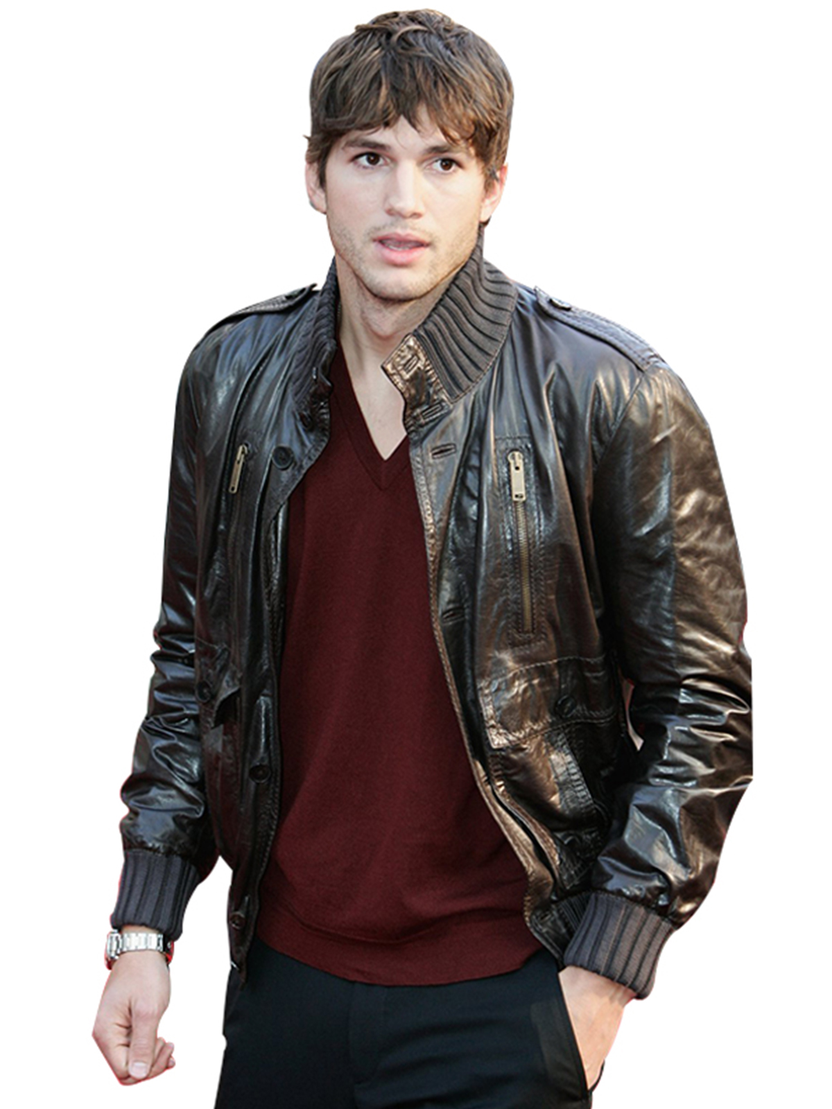 Ashton Kutcher Bomber Leather Jacket