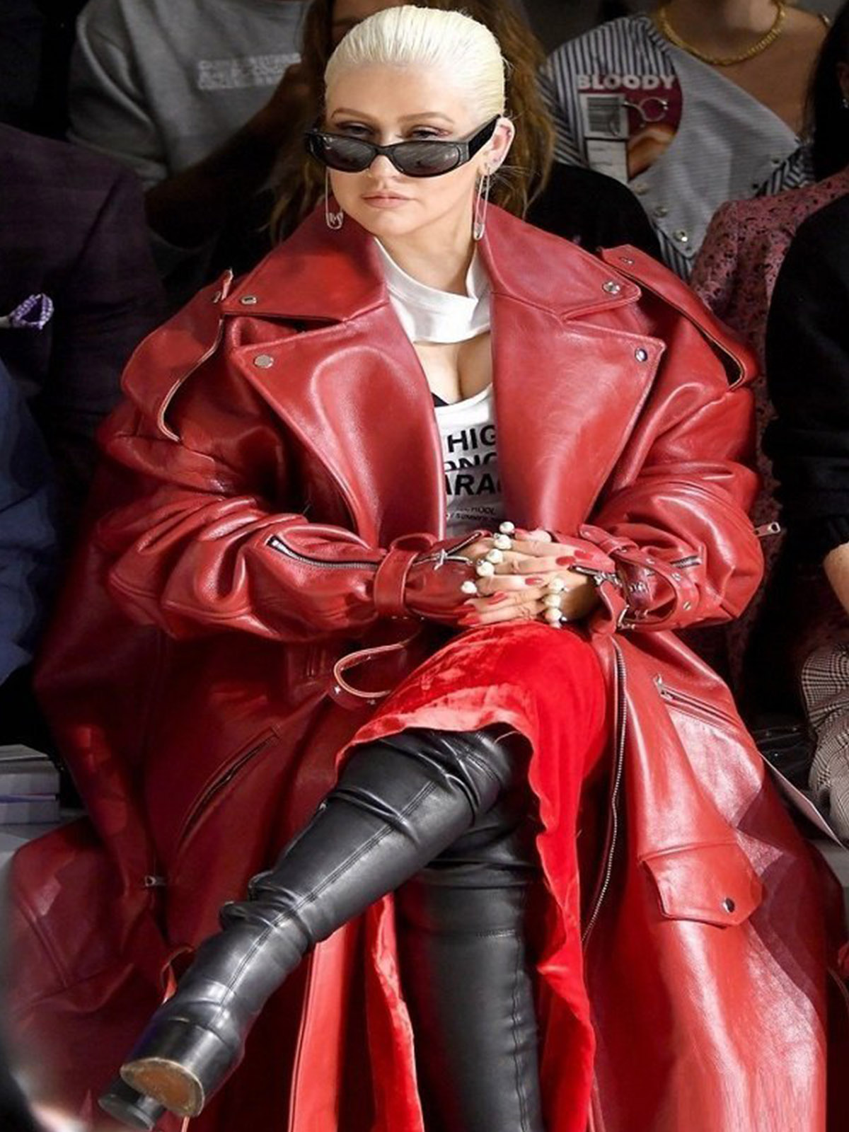 Christina Aguilera Red Leather Trench Coat