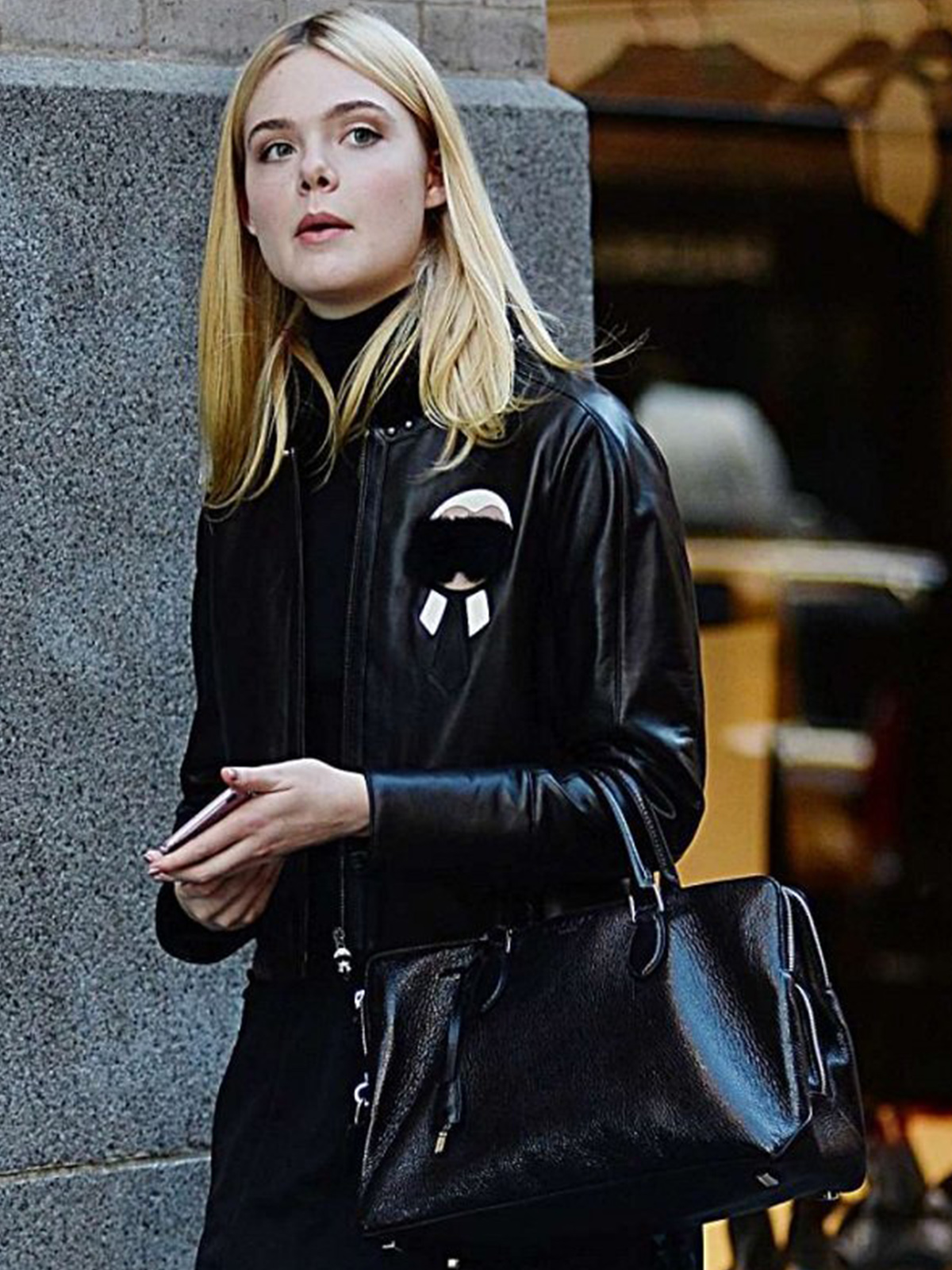 Elle Fanning Black Leather Jacket