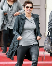 Halle Berry Black Leather Trench Coat