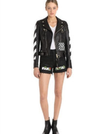 white diagonal stripes leather biker jacket