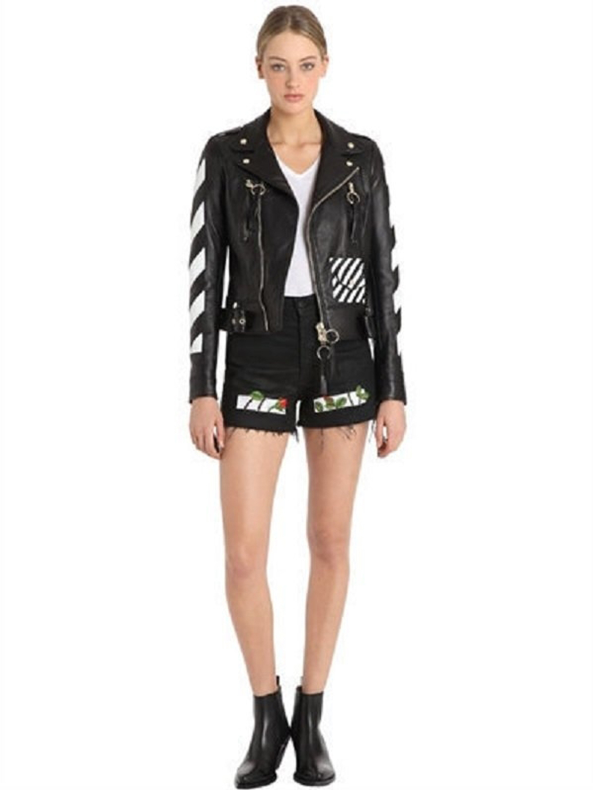 Diagonal Stripes Leather Biker Jacket