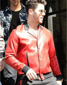 London Visit Nick Jonas Red Real Leather Jacket