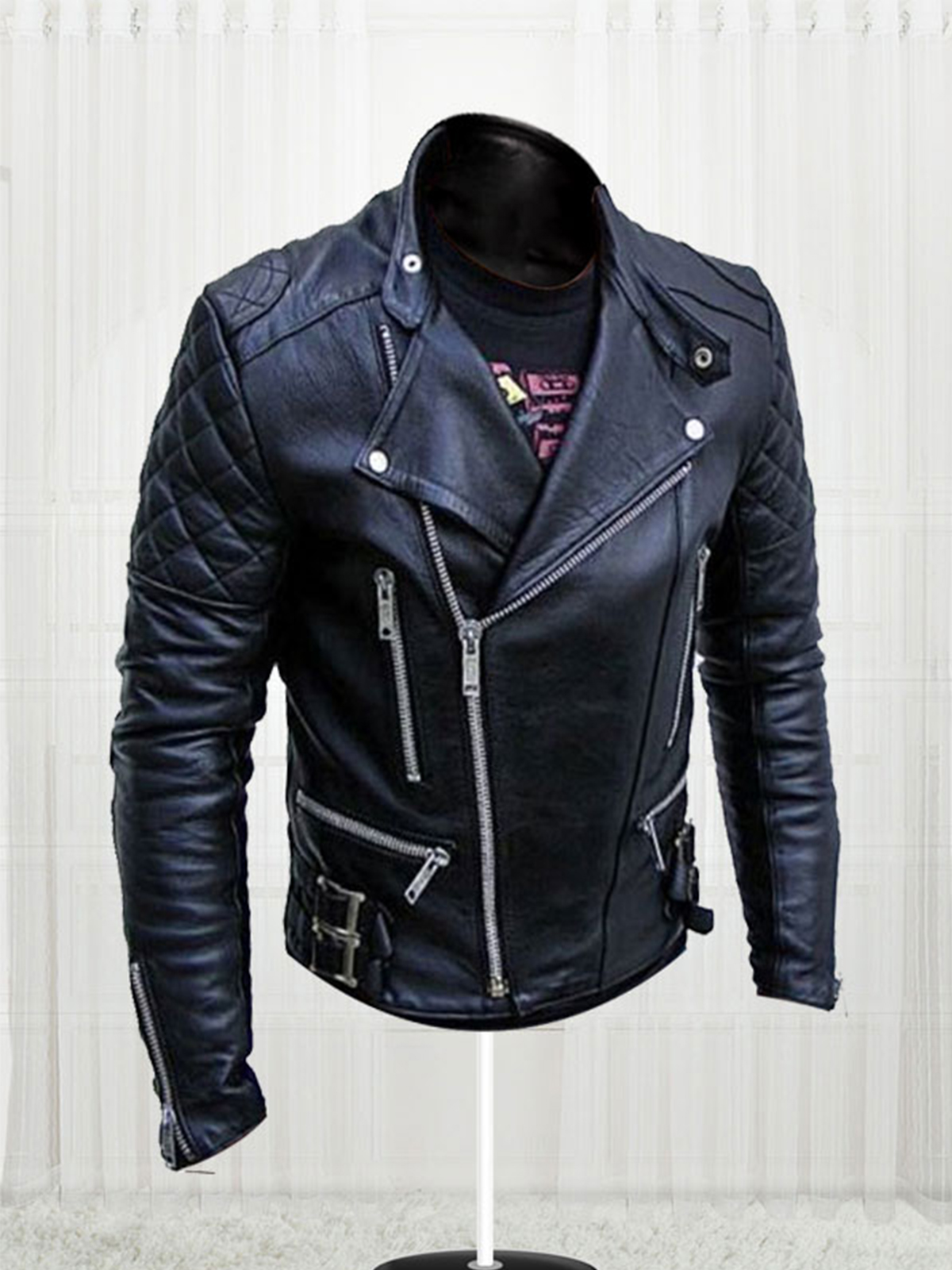 Men's Slim Fit Biker Black Leather Jacket - Stars Jackets