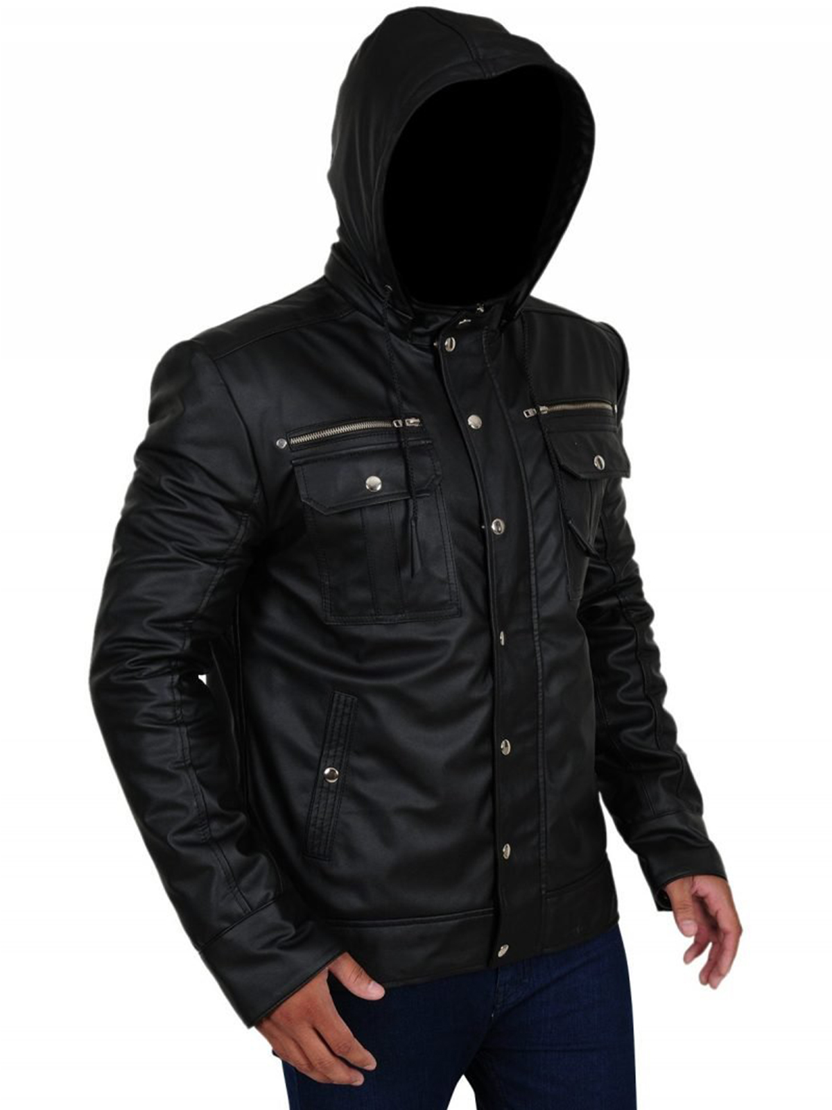 Mens Black Leather Hoodie Jacket