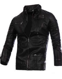 Mens Fashion Black Stitching Collar Biker PU Jacket