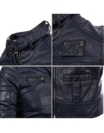 Mens Fashion Black Stitching Collar Biker PU Leather Jacket