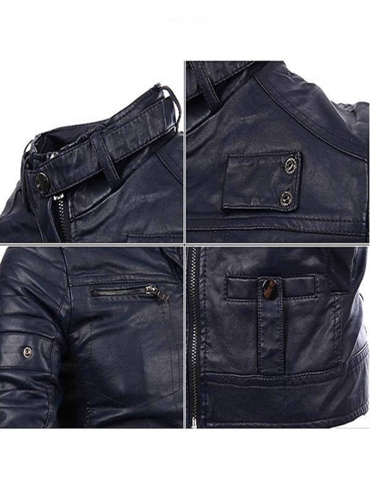 Mens Fashion Black Stitching Collar Biker PU Jacket