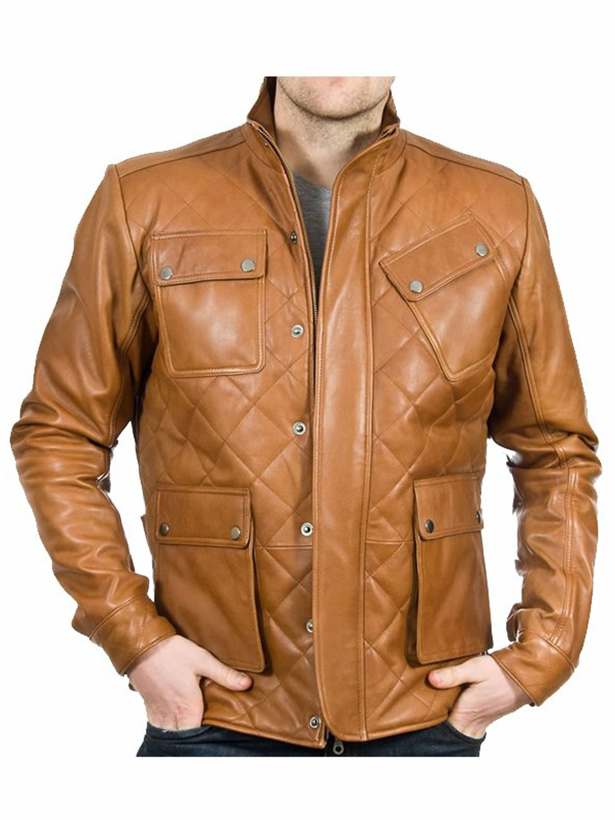 Men’s Quilted Stitch Tan Brown Leather Jacket