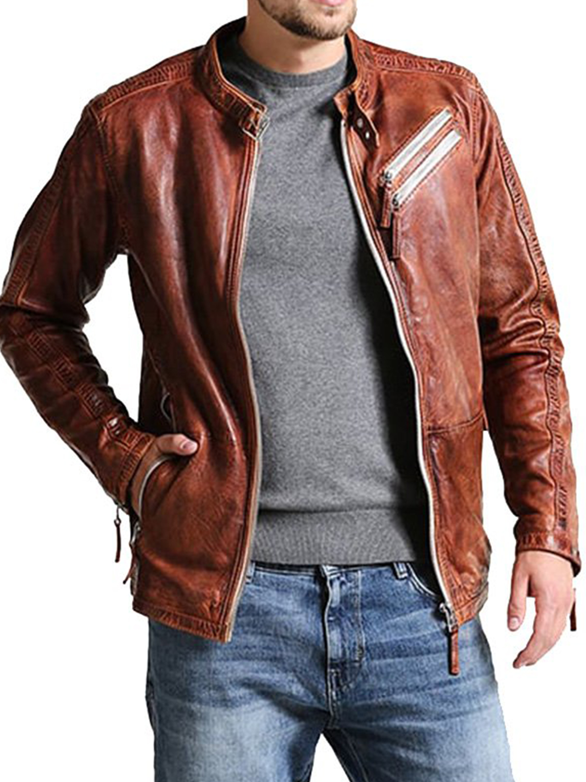 Men’s Vintage Style Biker Distressed Jacket