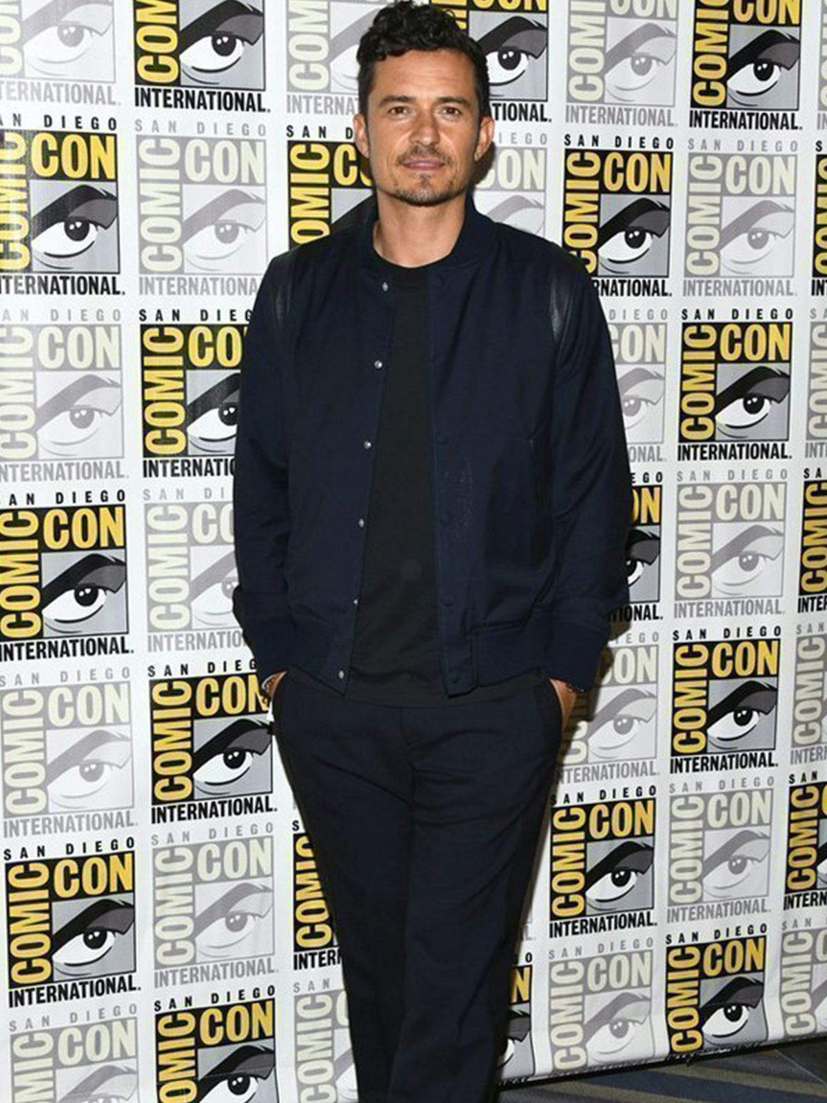 Orlando Bloom Navy Blue Jacket at Comic-Con for Carnival Row