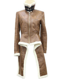 Real Leather Turtleneck Brown Women Coat