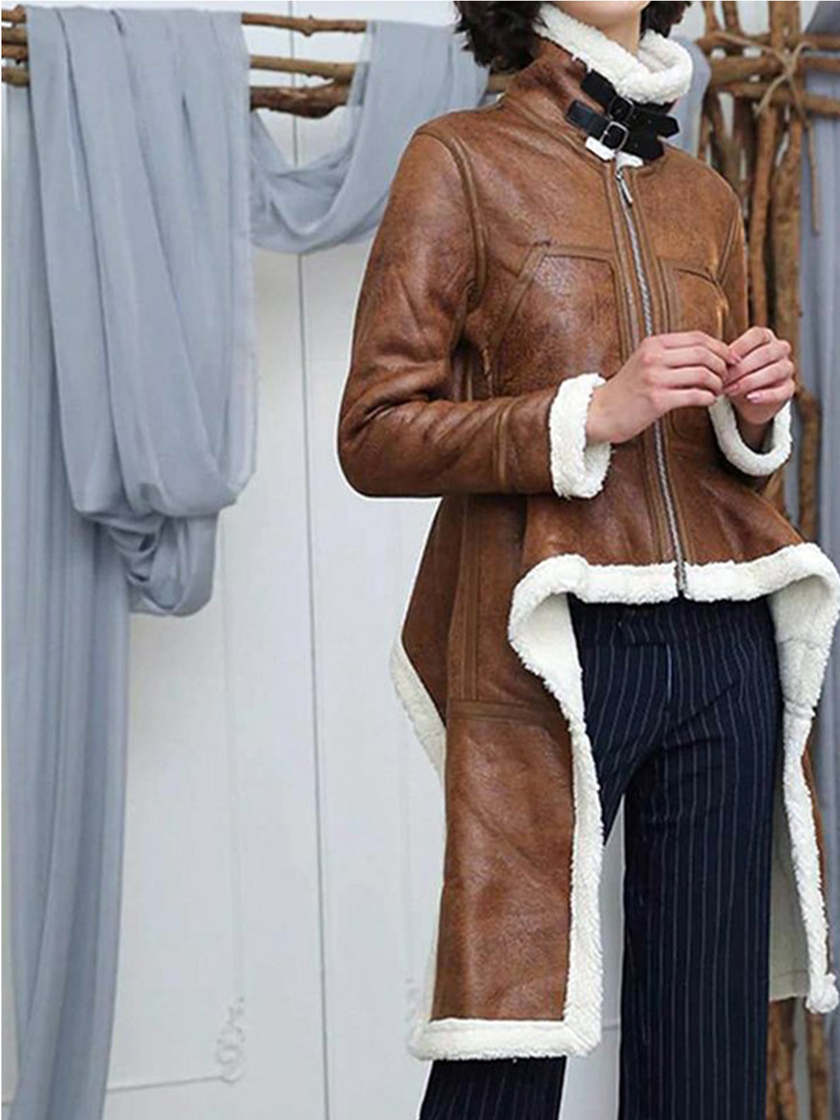 Real Leather Turtleneck Brown Women Coat