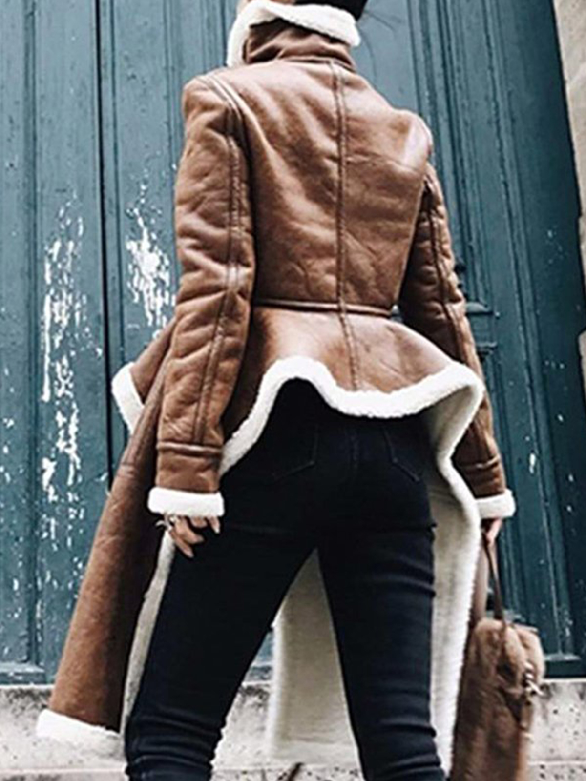 Real Leather Turtleneck Brown Women Coat