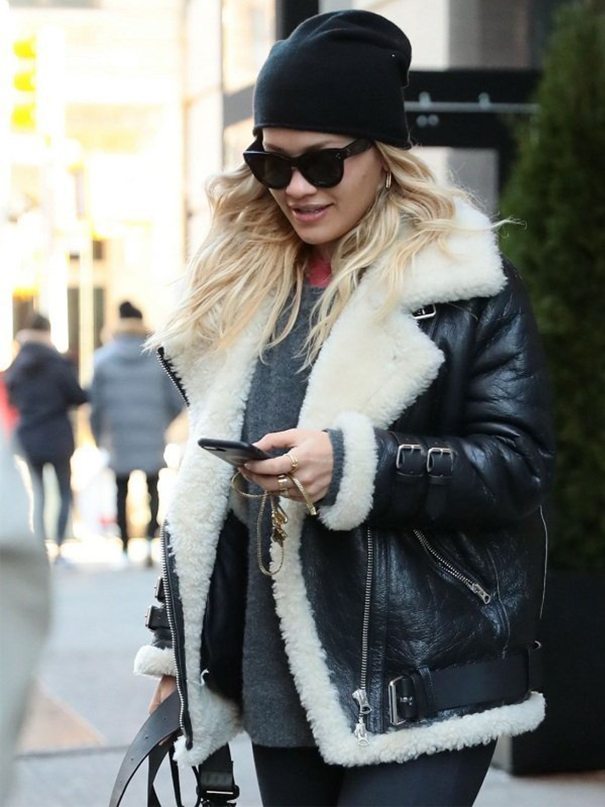 Rita Ora Moto Shearling Leather Jacket