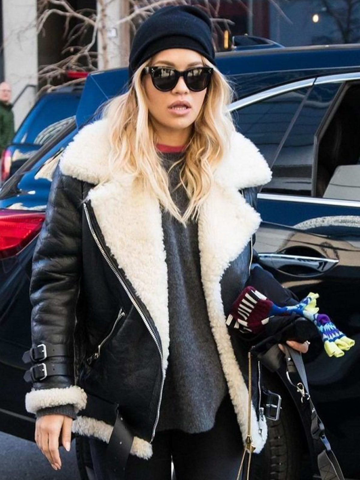 Rita Ora Moto Shearling Leather Jacket