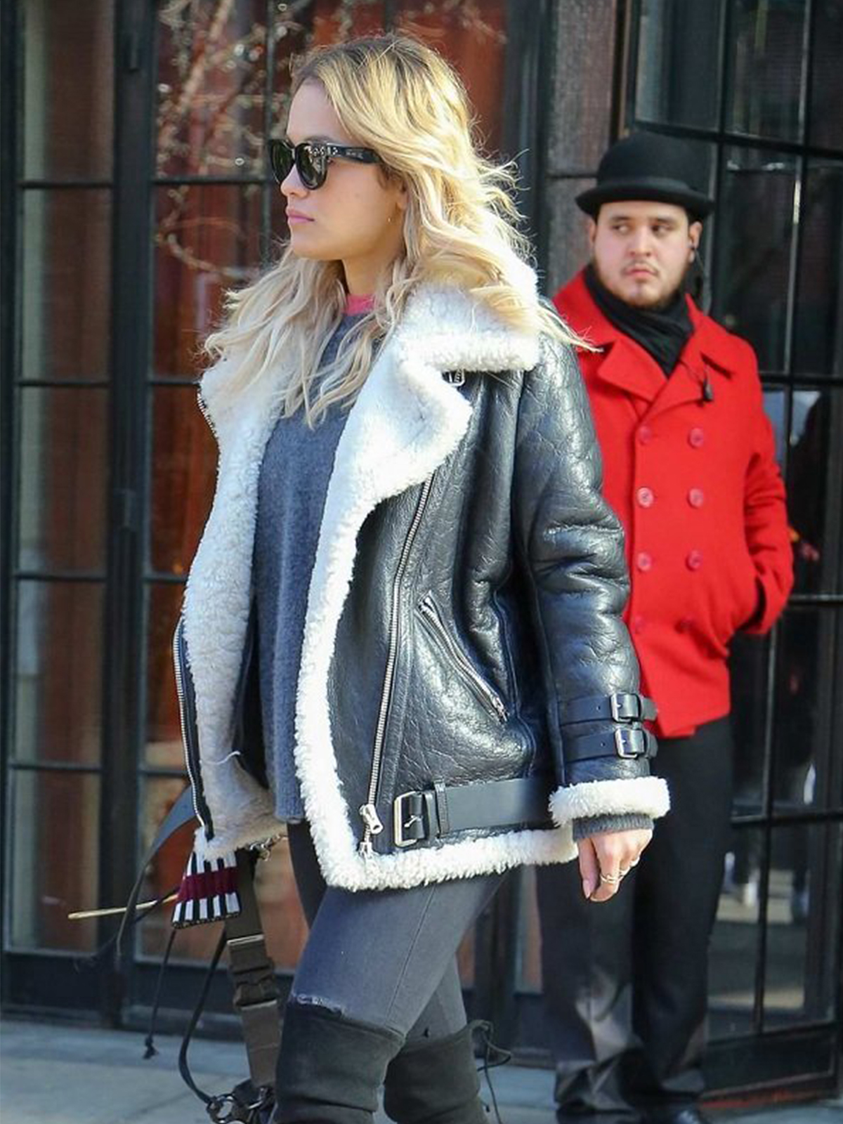 Rita Ora Moto Shearling Leather Jacket