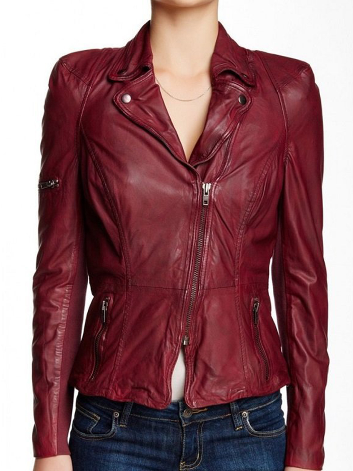 Rosie Huntington Burgundy Ladies Leather Jacket