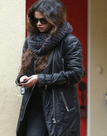 Selena Gomez Black Leather Coat