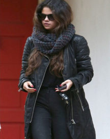 Selena Gomez Black Leather Trench Coat