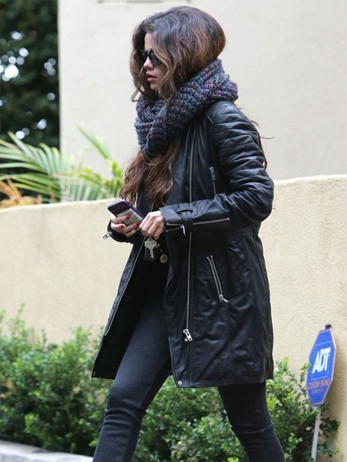 Selena Gomez Black Leather Coat