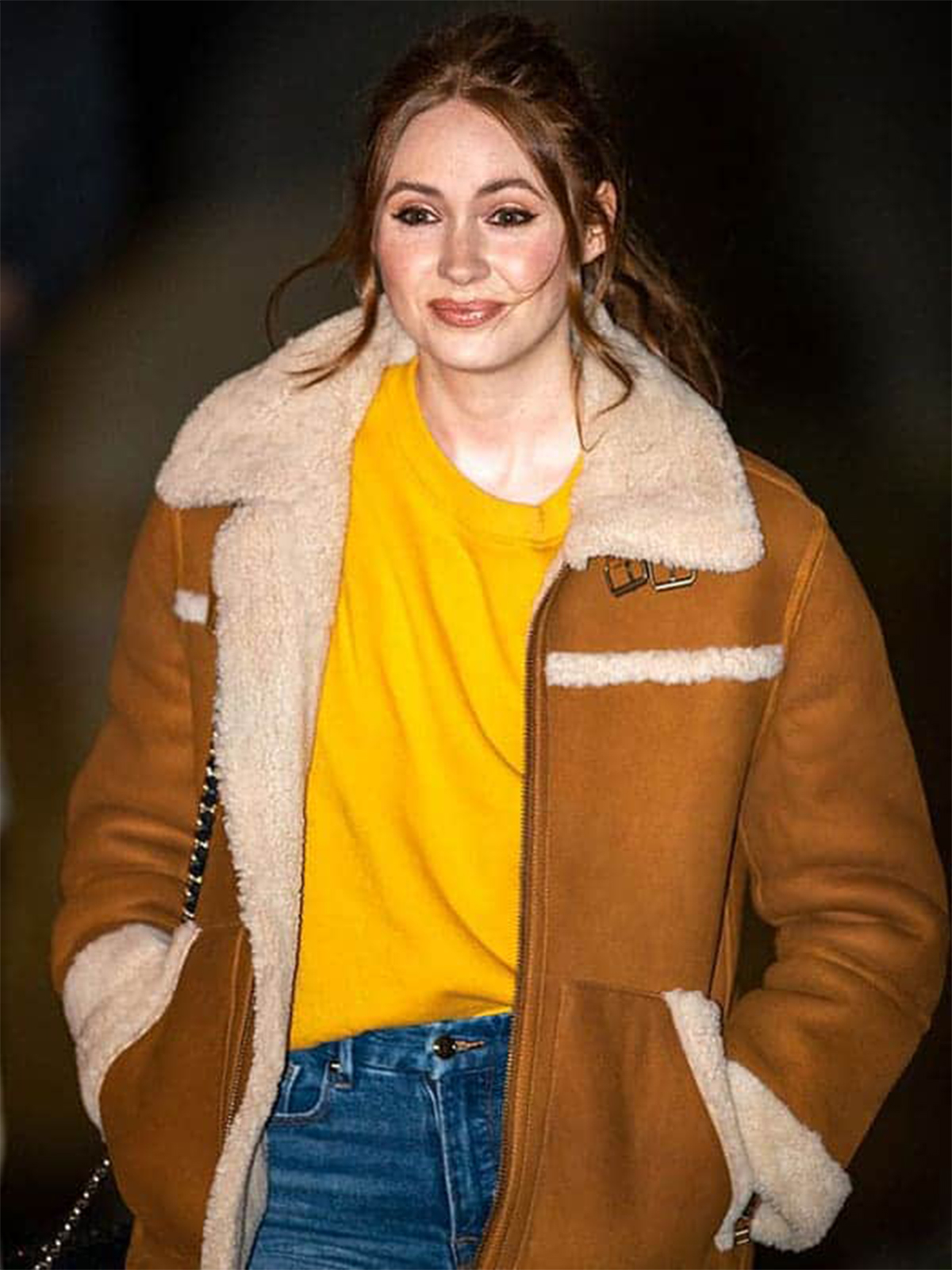 Elegant Karen Gillan Sheepskin Shearling Jacket Coat