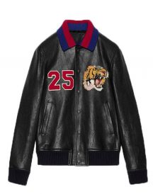 Gucci 25 Lion Logo Black leather Jacket