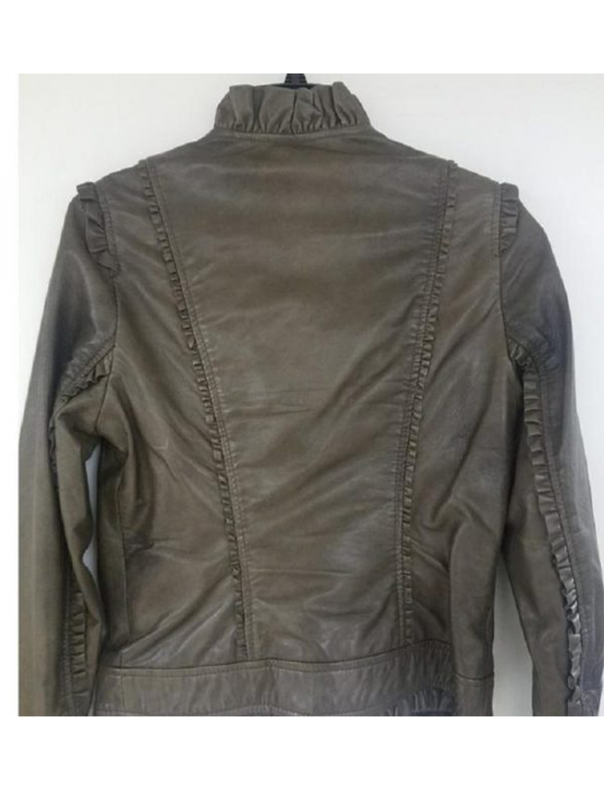 Kenna T Gray Ruffle Edge Leather Jacket