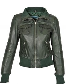 Ladies Green Bomber Real Leather Jacket