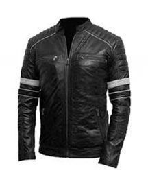 Mens Cafe Racer White Stripes Bikers Leather Jacket