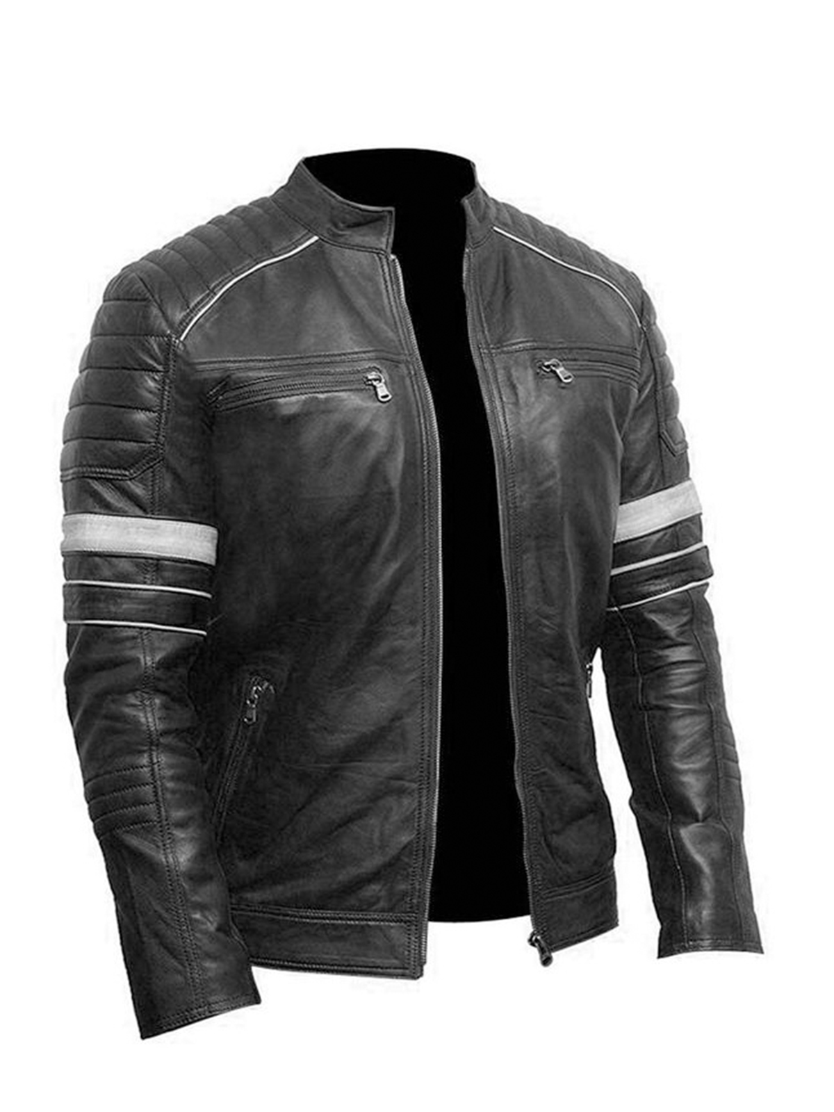 Mens Cafe Racer White Stripes Bikers Leather Jacket