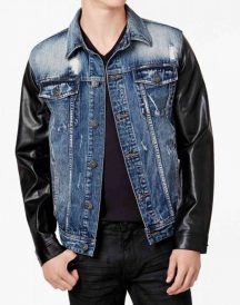 Mens Vintage Blue Denim Jacket Faux Leather Sleeves